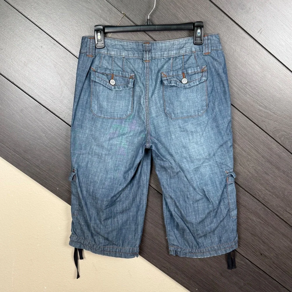 a.n.a Women's Y2K Denim Cargo Bermuda Shorts 10P Blue Drawstring Hem Utility